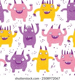 Cute pink, purple and yellow monsters seamless pattern. Funny colorful creatures, little mutants or aliens, spooky fantasy characters, childish collection. 