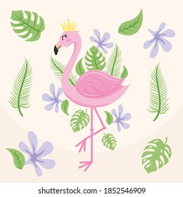 Cute pink queen flamingo with leaf and flower illustration vector design