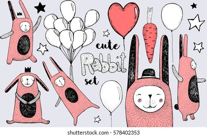 Cute pink rabbit and balloons set. Hand drawn illustration for children's books, cards, posters. Pink on grey