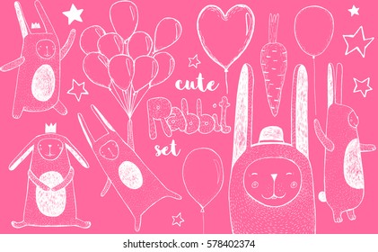 Cute pink rabbit and balloons set. Hand drawn illustration for children's books, cards, posters. White on pink background.
