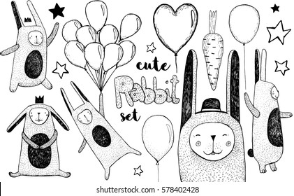 Cute pink rabbit and balloons set. Hand drawn illustration for children's books, cards, posters. Black and white
