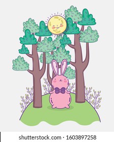 cute pink rabbit with bow tie in the park trees sunny day vector illustration