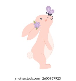 Cute pink rabbit with a butterfly on its nose