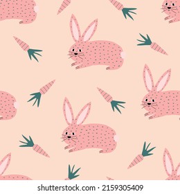 Ilustración vectorial de conejo rosa y zanahoria. Carácter gracioso de bebé de estilo plano. Patrón ininterrumpido animal para tela infantil.