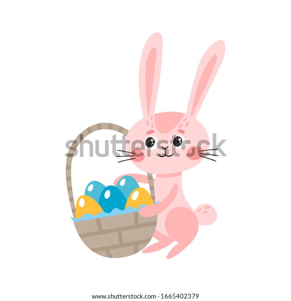 Cute Pink Rabbit Character Basket Eggs Stock Vector (Royalty Free ...