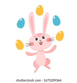 Cute pink rabbit character for easter isolated on white. Vector illustration with happy hare with egg in cartoon style used for kids magazine, book, stickers, greeting cards.