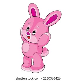 cute pink rabbit character standing with arms raised up, cartoon illustration, isolated object on white background, vector, eps