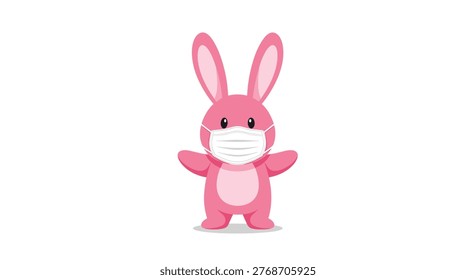 Cute pink rabbit character standing and wearing a white medical face mask to promote health and safety during a pandemic.