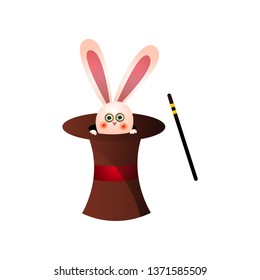 Cute pink rabbit from circus magic top hat near magic stick
