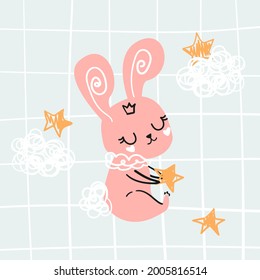 Cute pink rabbit with a crown. Children's design for postcards, posters, nursery, clothes. Scandinavian style, doodle, hand drawing. Vector illustration.