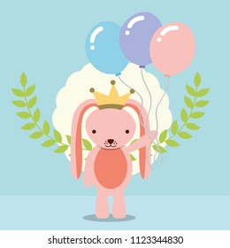cute pink rabbit with crown holding balloons decoration