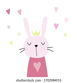 Cute pink rabbit with a crown in a Scandinavian style flat illustration. Rabbit, hearts and stars on a white background. Design idea for children's t-shirts, dishes, postcards.