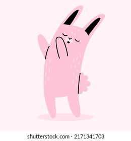 Cute pink rabbit. Farm animals, pets, forest animals. Wild hare, easter bunny. Cartoon vector illustration isolated on white background