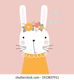 Cute pink rabbit with flowers on a white background. Vector illustration for printing on clothing, packaging paper, postcards, posters, banners. Cute baby background