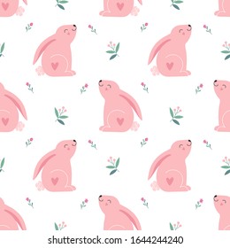 Cute pink rabbit, flowers. Vector seamless pattern. Print on packaging, fabrics, wallpaper, linens, textiles.