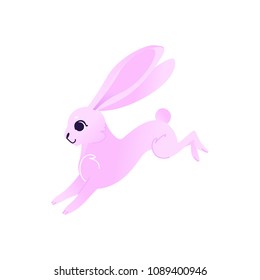 Cute pink rabbit. Funny hand drawn animal running cheerfully. Hare with long ears. Sweet easter symbol. Vector illustration isolated in cartoon style.