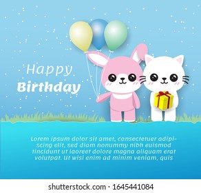 cute pink rabbit hold balloon and white cat hold yellow gift with text happy birthday on blue background ,digitalcraft,paper cut,kawaii