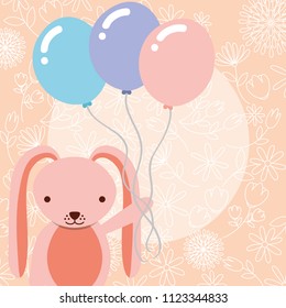 cute pink rabbit holding balloons party