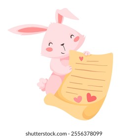 Cute pink rabbit holding love letter isolated on white background. Valentine's day animal characters. Rabbit giving love letter. Vector flat illustration.