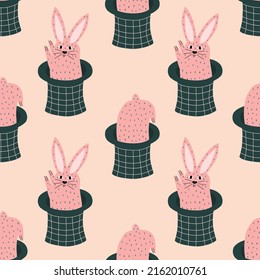 Cute Pink Rabbit Jumping Out Of A Magic Hat Hand Drawn Vector Illustration. Animal Baby Character In Flat Style. Funny Seamless Pattern For Kids Fabric.