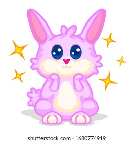 Cute pink rabbit. Kawaii cartoon character. Fluffy funny animal with star. Happy Easter sign symbol. Spring baby greeting card template. Print on baby products, cards, handmade. Vector illustration.