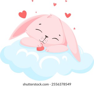 Cute pink rabbit lying on blue cloud and holding valentine card in paws. Bunny in love surrounded by hearts isolated on white background