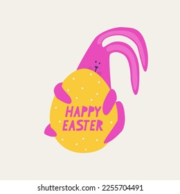 Un lindo conejo rosado asoma desde detrás de un gran huevo de Pascua. Feliz tarjeta de Pascua. Ilustración de moda multicolor vectorial.