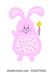 Cute pink rabbit with a star. Cute design element for for children's clothes and cards. Happy easter, hand drawn rabbit. Vetor, illustration.