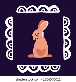 Cute pink rabbit with a white frame on a dark background. Vector character hand drawing style