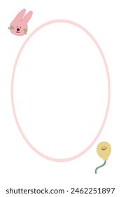 cute pink rabbit with yellow air balloon on white background frame. illustration birthday card border for decoration. greeting card for blessing.	