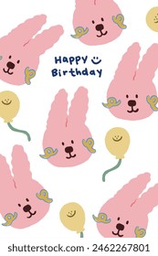 cute pink rabbit with yellow air balloon on white background. illustration birthday card decoration. greeting card for blessing.	