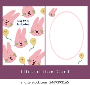 cute pink rabbit with yellow air balloon on white background. illustration birthday card decoration. greeting card for blessing.