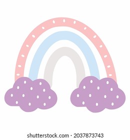 Cute pink rainbow with clouds in doodle style. Element children poster for girl room. Print for T-shirt.