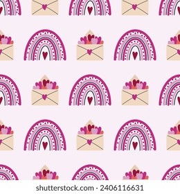 Cute pink rainbow and envelope with hearts, seamless vector pattern. Romantic symbols of Valentines day, date, wedding. Love letter, valentine. Flat cartoon background for cards, posters, print, web