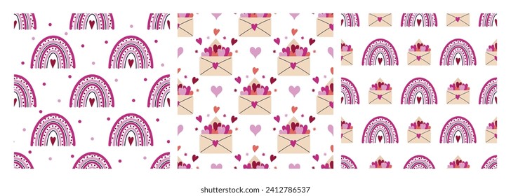 Cute pink rainbow and envelope with hearts, seamless vector pattern set. Romantic symbols of Valentines day, date, wedding. Love letter, valentine. Flat cartoon backgrounds for holiday cards, print