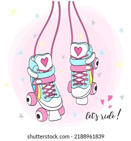 Cute pink rainbow girl roller skates. Vector illustration.