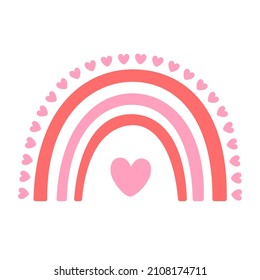 Cute pink rainbow with a heart. Romantic illustration for Valentine's Day. Greeting card with a declaration of love or congratulations on your birthday. Vector illustration in a flat style. 
