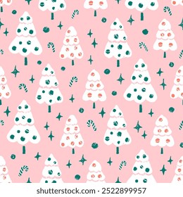 Cute pink, red and green Christmas trees, candy canes, stars and snow balls seamless pattern. Holiday season winter forest fun repeat pattern. Hand drawn illustration.