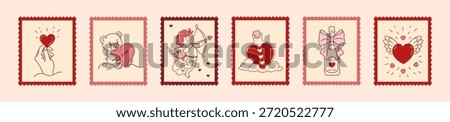 Cute pink and red happy Valentine Day concept, hand-drawn love post stamps in doodle sketch style, with bear, hearts, Cupid, Cupid's arrow, potion, cloud, bow, champagne bottle—creative design for web vector illustration, graphic, digital use.