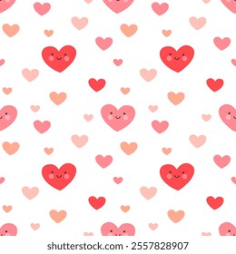 Cute pink and red hearts in kawaii style on a white background. Seamless pattern, print, vector illustration