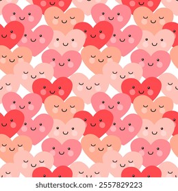 Cute pink and red hearts in kawaii style. Seamless pattern, print, vector illustration