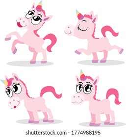 A cute pink and red little unicorn in four adorable poses.