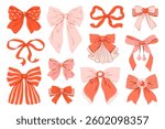 Cute pink and red ribbon bow collection. Trendy hair braiding accessory. Perfect for festive packaging and birthday designs, greeting cards. Hand drawn vector illustration.