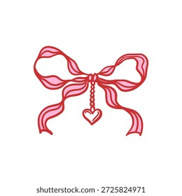 Bela rosa e vermelho laço fita com um charme coração pendurado. Elemento decorativo desenhado à mão romântica para o Dia dos Namorados, casamento, ou design de presente. Ilustração de clipart de vetor