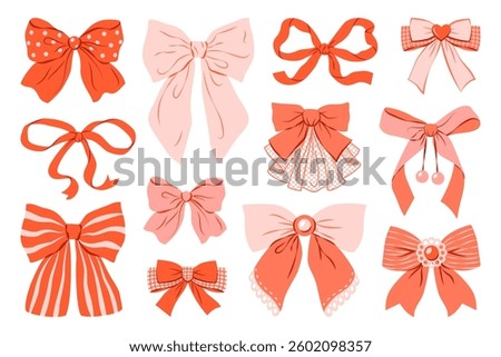 Cute pink and red ribbon bow collection. Trendy hair braiding accessory. Perfect for festive packaging and birthday designs, greeting cards. Hand drawn vector illustration.