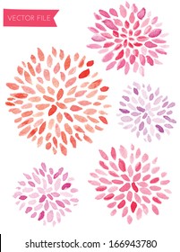 Cute Pink and Red Watercolor Vector Sunburst Flowers