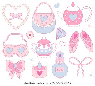 Cute pink retro 90s coquette style set with Beautiful dishes, bow, perfume. Princess collection. Vector illustration.