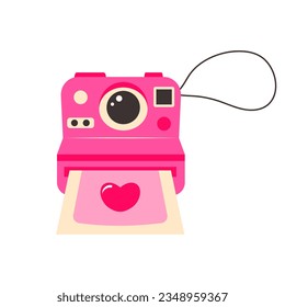 Cute pink retro photo camera with strap. Photo snapshot with a heart. Old vintage device 80s, 90s nostalgia.