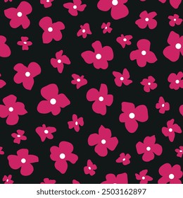 Cute, pink, retro winter flowers seamless repeat pattern. Random placed, irregular bloomy botany aop all over print on black background.