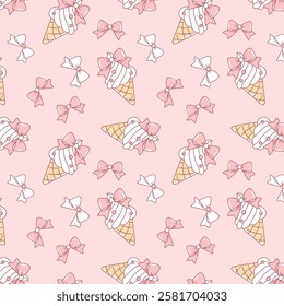 Cute Pink Ribbon Bow and ice cream girly Seamless Pattern 